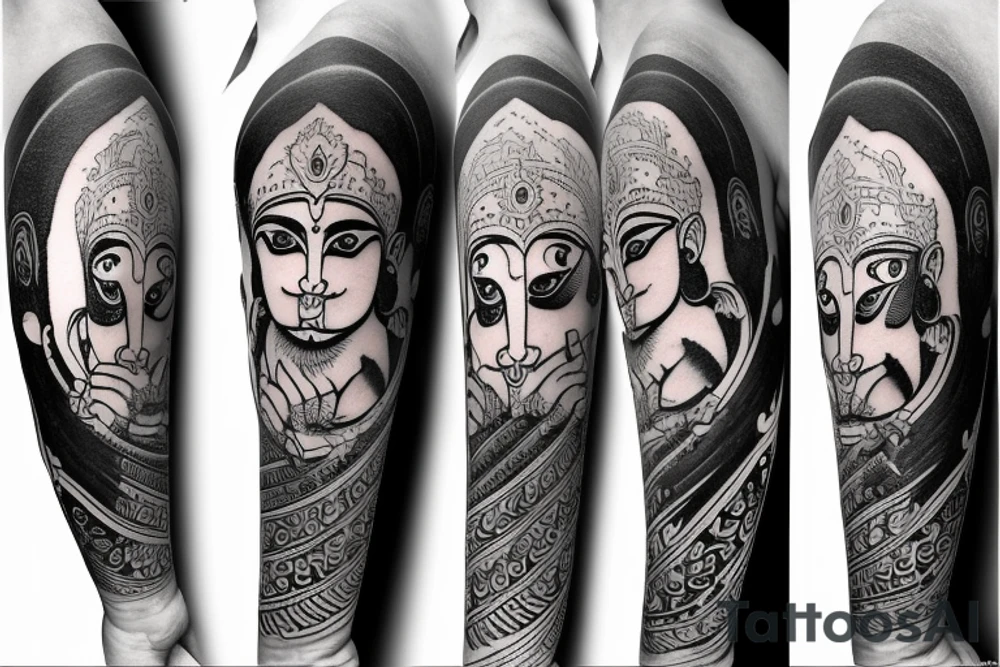 Lord hanuman  meditating with planets and galaxy full arm tattoo idea