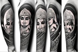 Lord hanuman  meditating with planets and galaxy full arm tattoo idea