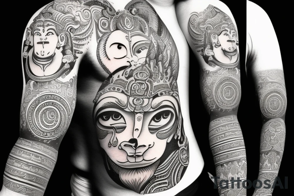 Lord hanuman  meditating with planets and galaxy full arm tattoo idea