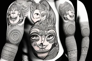 Lord hanuman  meditating with planets and galaxy full arm tattoo idea