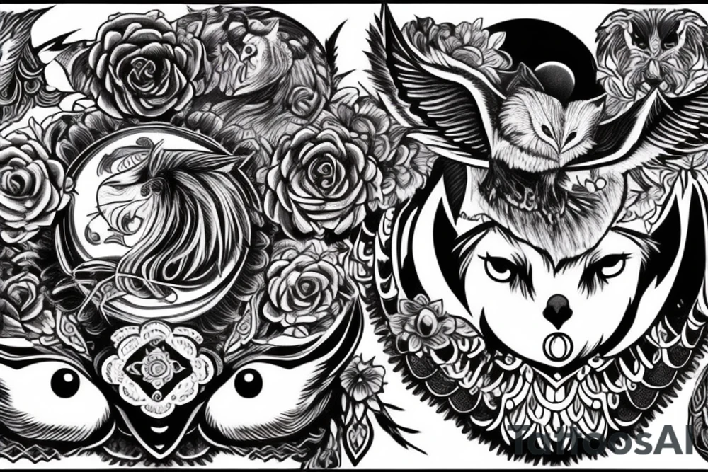 back tattoo moon, wolf and owl with moonlight in the background tattoo idea