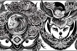 back tattoo moon, wolf and owl with moonlight in the background tattoo idea