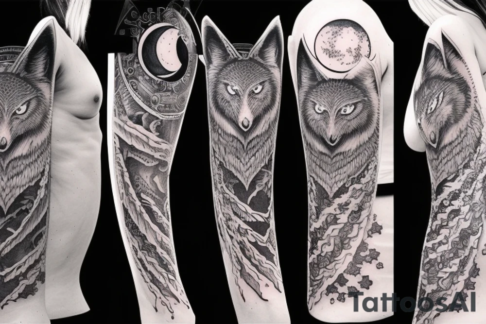 back tattoo moon, wolf and owl with moonlight in the background tattoo idea