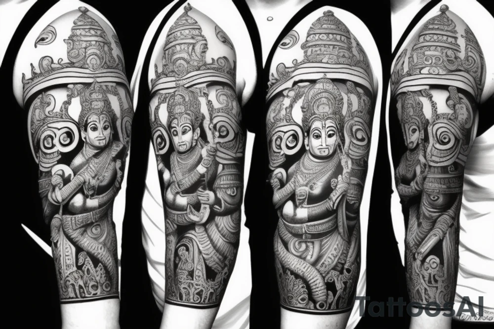 Lord hanuman with ayodhya temple full arm tattoo idea