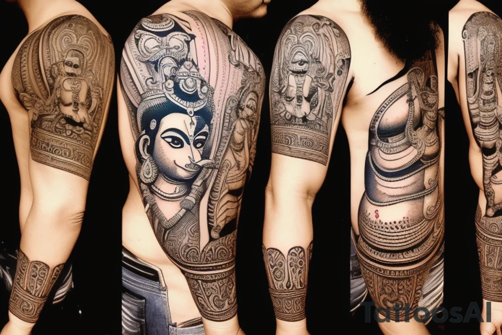 Lord hanuman with ayodhya temple full arm tattoo idea