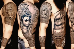 Lord hanuman with ayodhya temple full arm tattoo idea