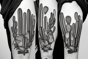Three prong cactus with rocky mountainous background tattoo idea