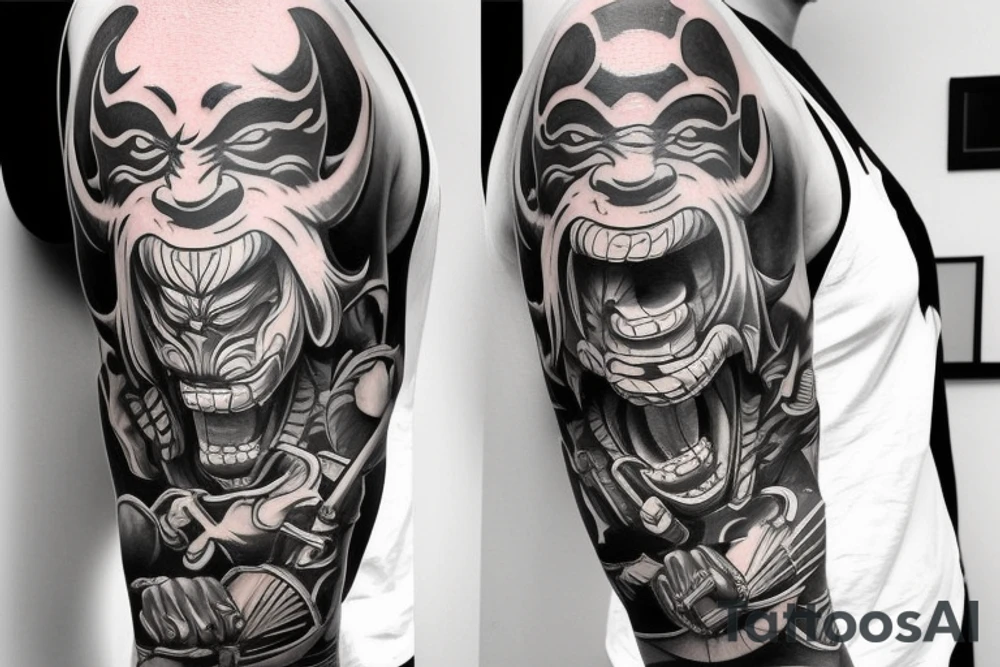 oni mask bicep sleeve tattoo idea