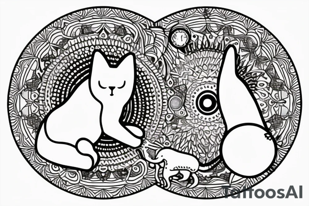 In fine line art, a bone hand on the right and a human on the left of a radiant circle with a white cat on its back underneath. tattoo idea