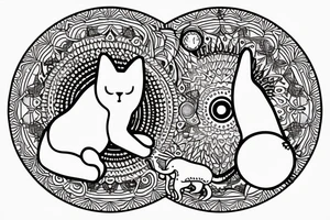 In fine line art, a bone hand on the right and a human on the left of a radiant circle with a white cat on its back underneath. tattoo idea
