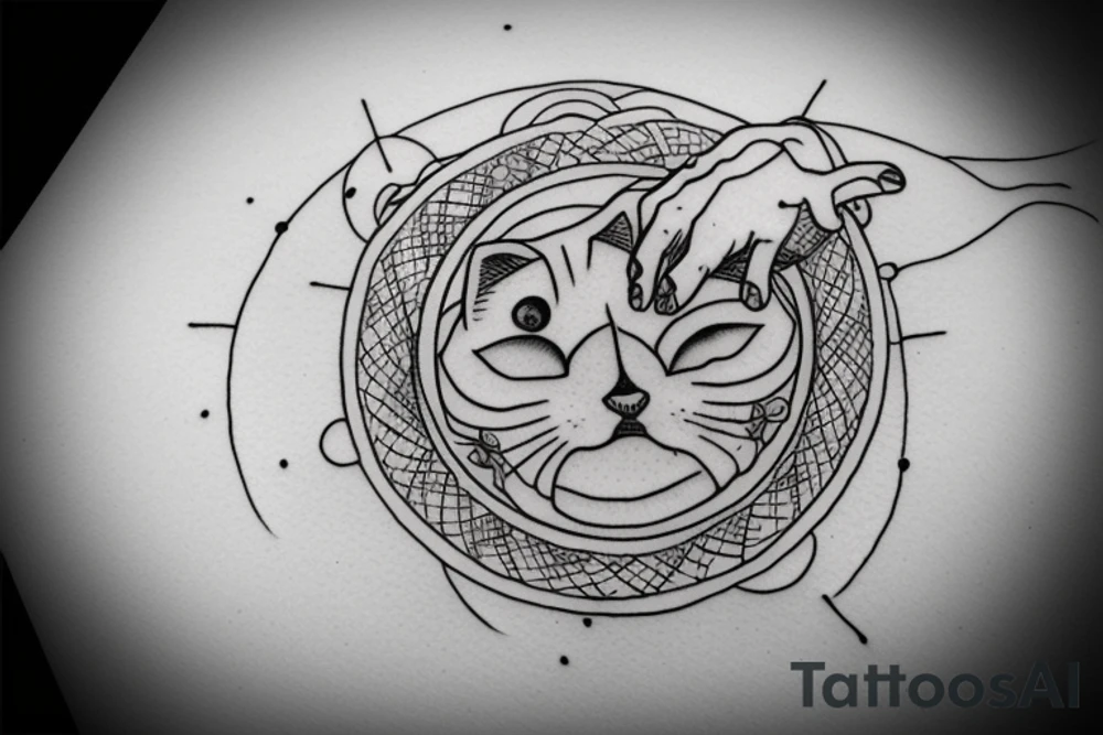 In fine line art, a bone hand on the right and a human on the left of a radiant circle with a white cat on its back underneath. tattoo idea
