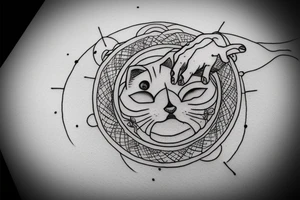 In fine line art, a bone hand on the right and a human on the left of a radiant circle with a white cat on its back underneath. tattoo idea