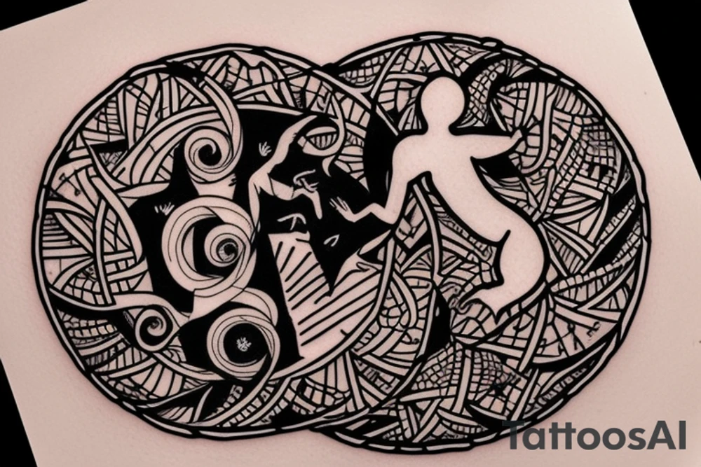 In fine line art, a bone hand on the right and a human on the left of a radiant circle with a white cat on its back underneath. tattoo idea