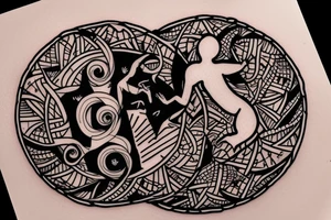 In fine line art, a bone hand on the right and a human on the left of a radiant circle with a white cat on its back underneath. tattoo idea