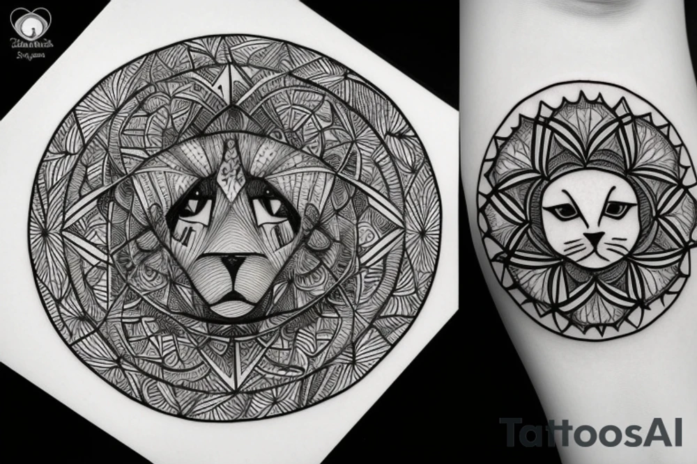 In fine line art, a bone hand on the right and a human on the left of a radiant circle with a white cat on its back underneath. tattoo idea