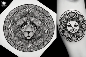 In fine line art, a bone hand on the right and a human on the left of a radiant circle with a white cat on its back underneath. tattoo idea