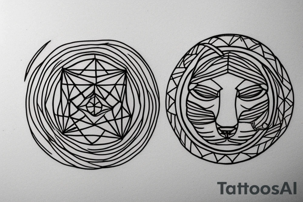 In fine line art, a bone hand on the right and a human on the left of a radiant circle with a white cat on its back underneath. tattoo idea