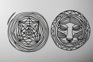 In fine line art, a bone hand on the right and a human on the left of a radiant circle with a white cat on its back underneath. tattoo idea
