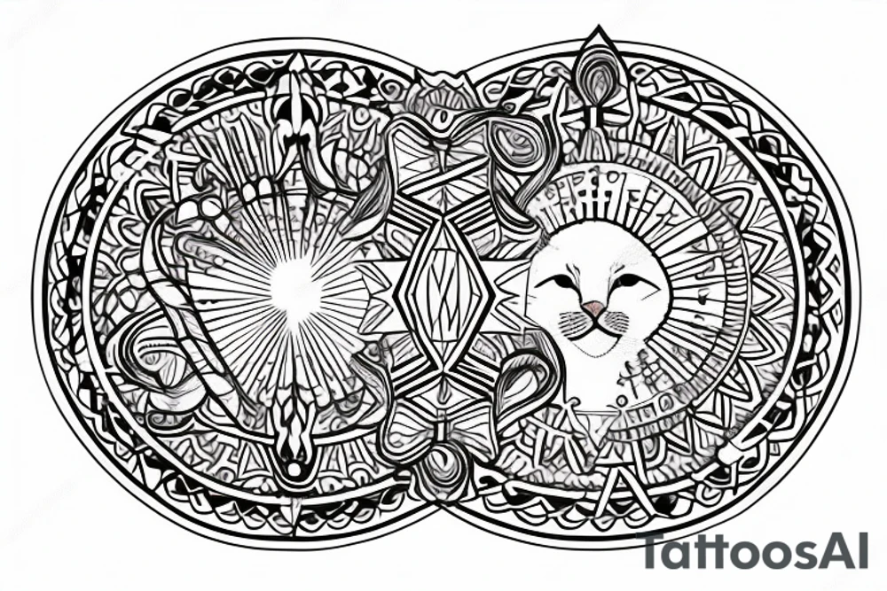 In fine line art, a bone hand on the right and a human on the left of a radiant circle with a white cat on its back underneath. tattoo idea