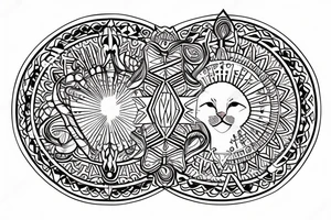 In fine line art, a bone hand on the right and a human on the left of a radiant circle with a white cat on its back underneath. tattoo idea
