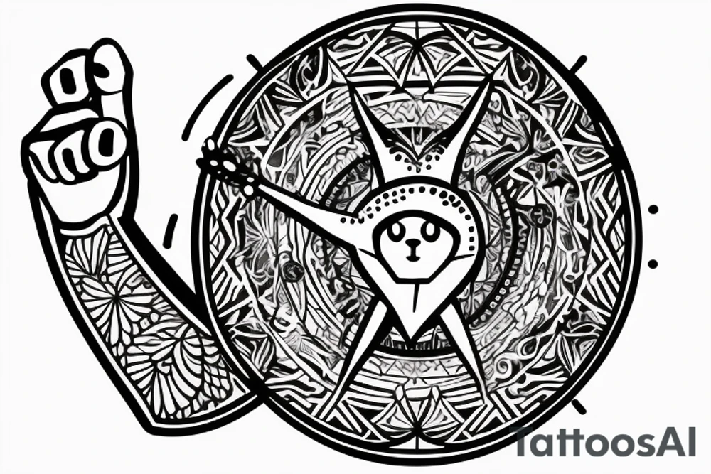 In fine line art, a bone hand pointing an index finger on the right and a human pointing an index finger on the left of a radiant circle with a white cat on its back underneath. tattoo idea