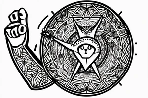 In fine line art, a bone hand pointing an index finger on the right and a human pointing an index finger on the left of a radiant circle with a white cat on its back underneath. tattoo idea