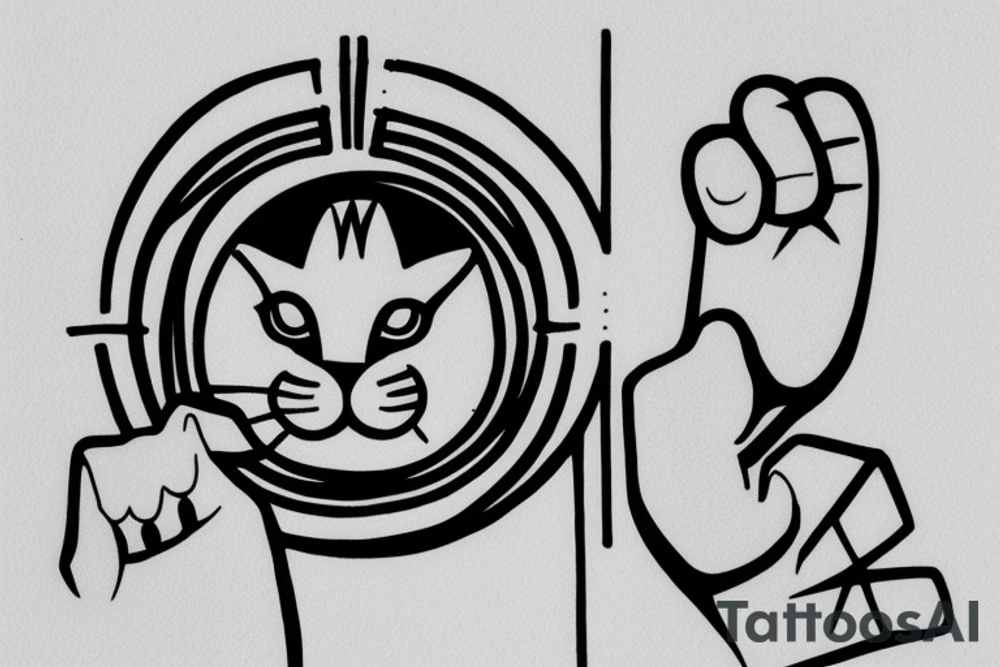 In fine line art, a bone hand pointing an index finger on the right and a human pointing an index finger on the left of a radiant circle with a white cat on its back underneath. tattoo idea