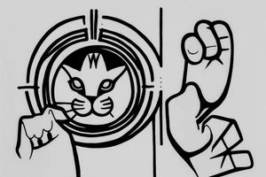 In fine line art, a bone hand pointing an index finger on the right and a human pointing an index finger on the left of a radiant circle with a white cat on its back underneath. tattoo idea