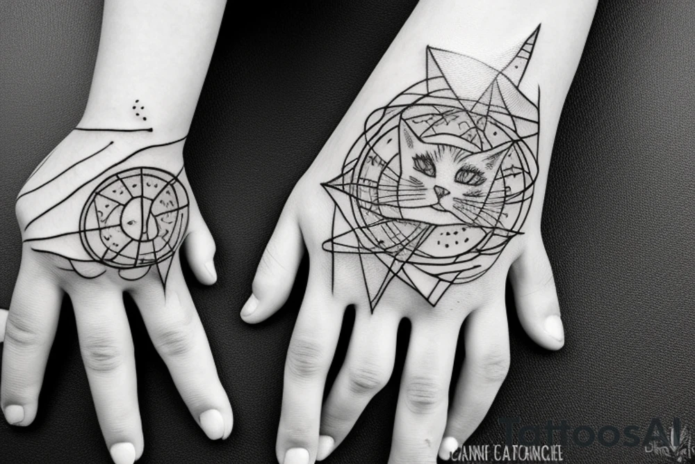 In fine line art, a bone hand pointing an index finger on the right and a human pointing an index finger on the left of a radiant circle with a white cat on its back underneath. tattoo idea