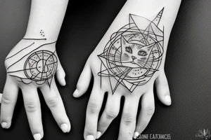 In fine line art, a bone hand pointing an index finger on the right and a human pointing an index finger on the left of a radiant circle with a white cat on its back underneath. tattoo idea