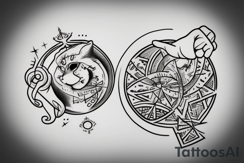 In fine line art, a bone hand pointing an index finger on the right and a human pointing an index finger on the left of a radiant circle with a white cat on its back underneath. tattoo idea
