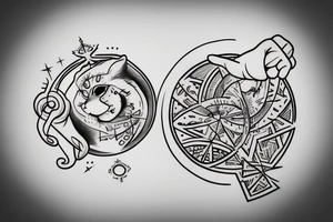 In fine line art, a bone hand pointing an index finger on the right and a human pointing an index finger on the left of a radiant circle with a white cat on its back underneath. tattoo idea