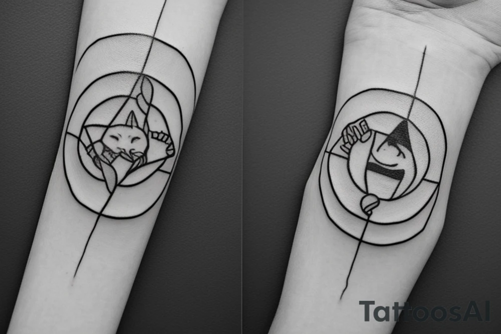 In fine line art, a bone hand pointing an index finger on the right and a human pointing an index finger on the left of a radiant circle with a white cat on its back underneath. tattoo idea