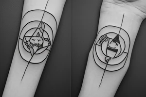 In fine line art, a bone hand pointing an index finger on the right and a human pointing an index finger on the left of a radiant circle with a white cat on its back underneath. tattoo idea