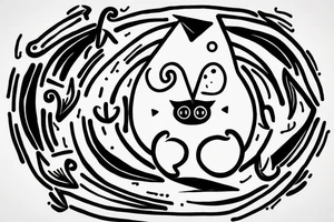 In fine line art, a bone hand pointing an index finger on the right and a human pointing an index finger on the left of a radiant circle with a white cat on its back underneath. tattoo idea