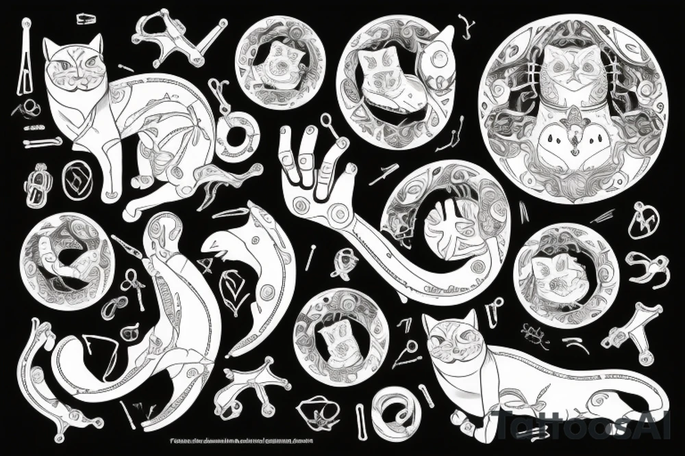 In fine line art, a bone hand pointing an index finger on the right and a human pointing an index finger on the left of a radiant circle with a white cat on its back underneath. tattoo idea