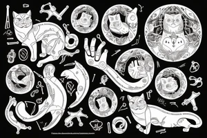 In fine line art, a bone hand pointing an index finger on the right and a human pointing an index finger on the left of a radiant circle with a white cat on its back underneath. tattoo idea