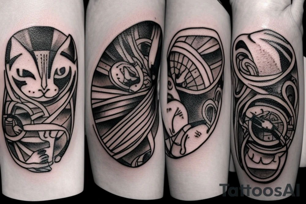 In fine line art, a bone hand pointing an index finger on the right and a human pointing an index finger on the left of a radiant circle with a white cat on its back underneath. tattoo idea