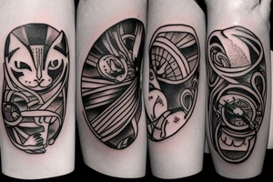 In fine line art, a bone hand pointing an index finger on the right and a human pointing an index finger on the left of a radiant circle with a white cat on its back underneath. tattoo idea