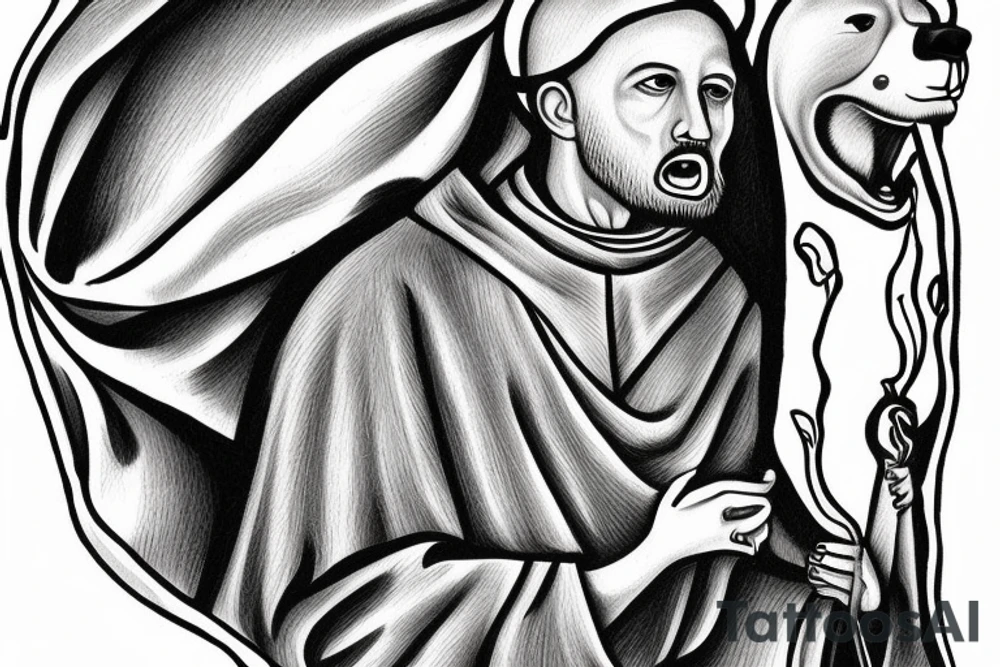 Francis of Assisi with a angry bear at California mountains tattoo idea