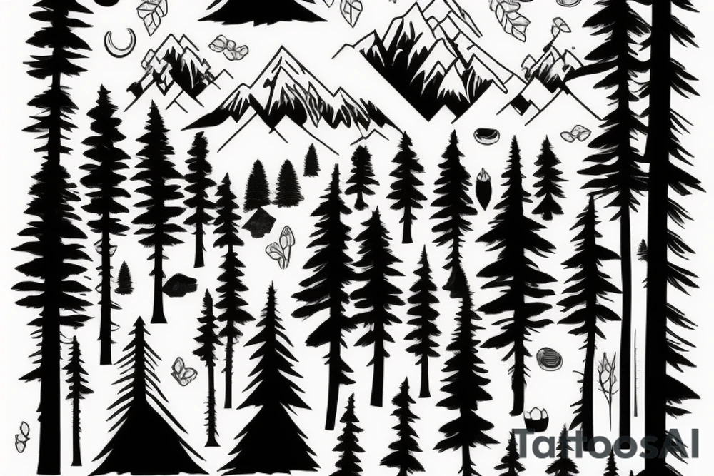 bear in a forest sunset behind the mountains tattoo idea