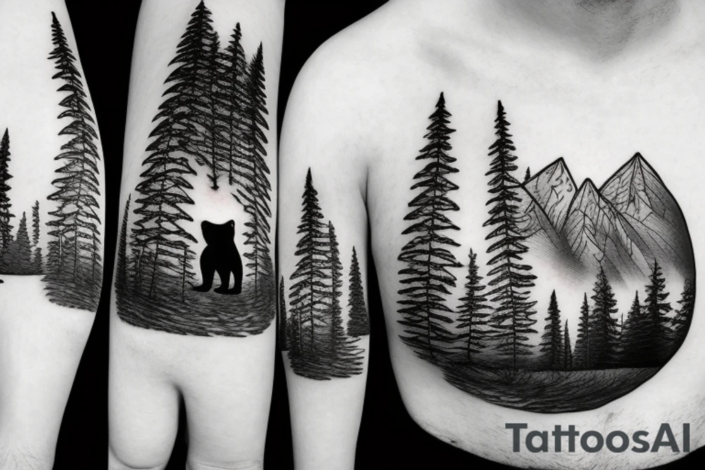 bear in a forest sunset behind the mountains tattoo idea