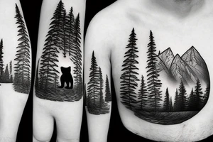 bear in a forest sunset behind the mountains tattoo idea