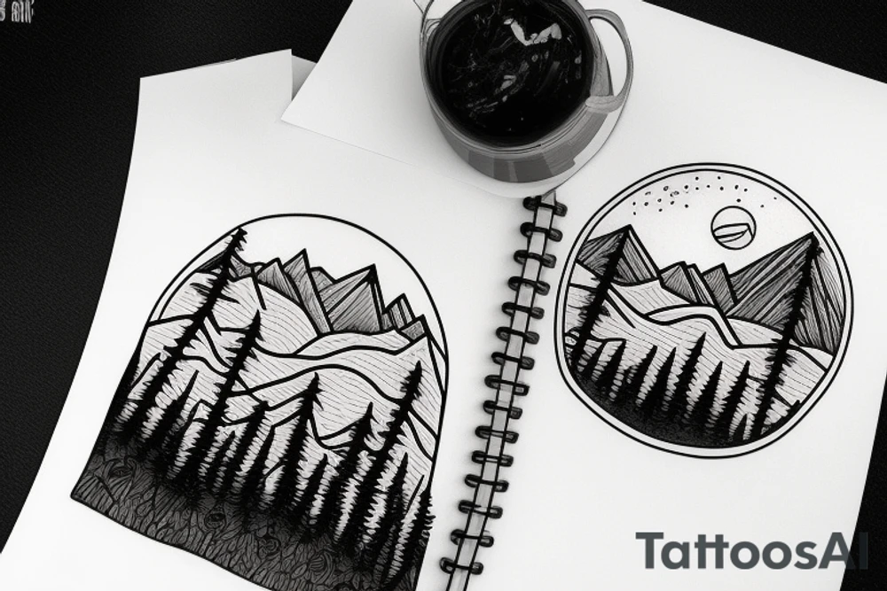 bear in a forest sunset behind the mountains tattoo idea