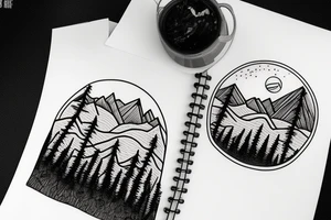 bear in a forest sunset behind the mountains tattoo idea