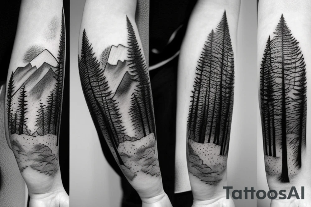 bear in a forest sunset behind the mountains tattoo idea