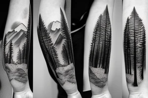 bear in a forest sunset behind the mountains tattoo idea