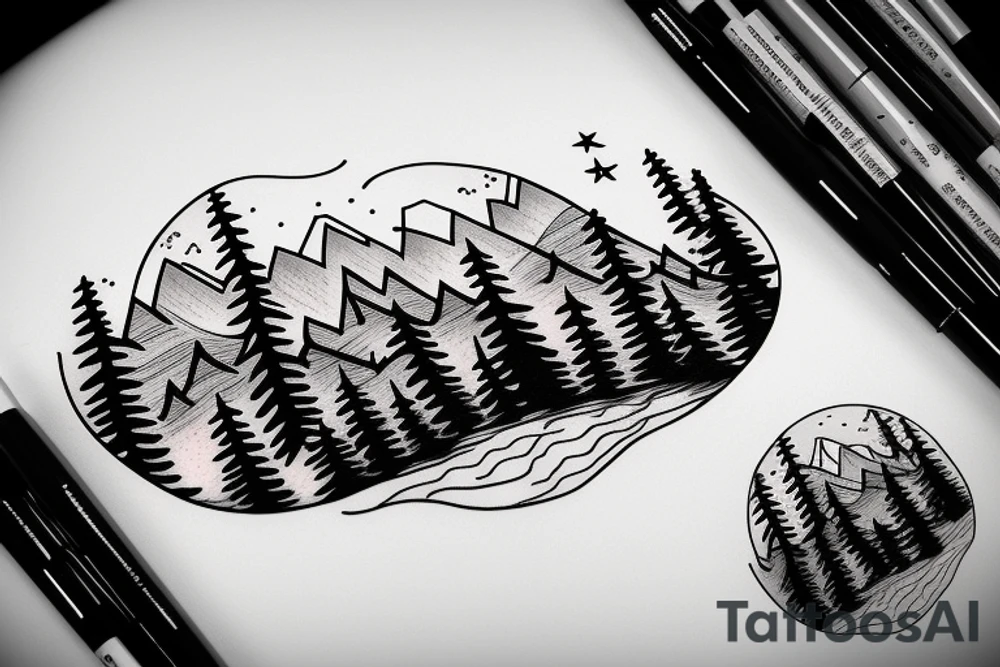 bear in a forest sunset behind the mountains tattoo idea