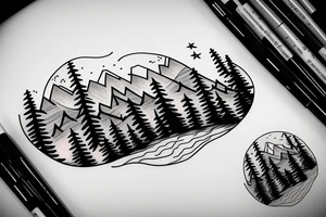 bear in a forest sunset behind the mountains tattoo idea