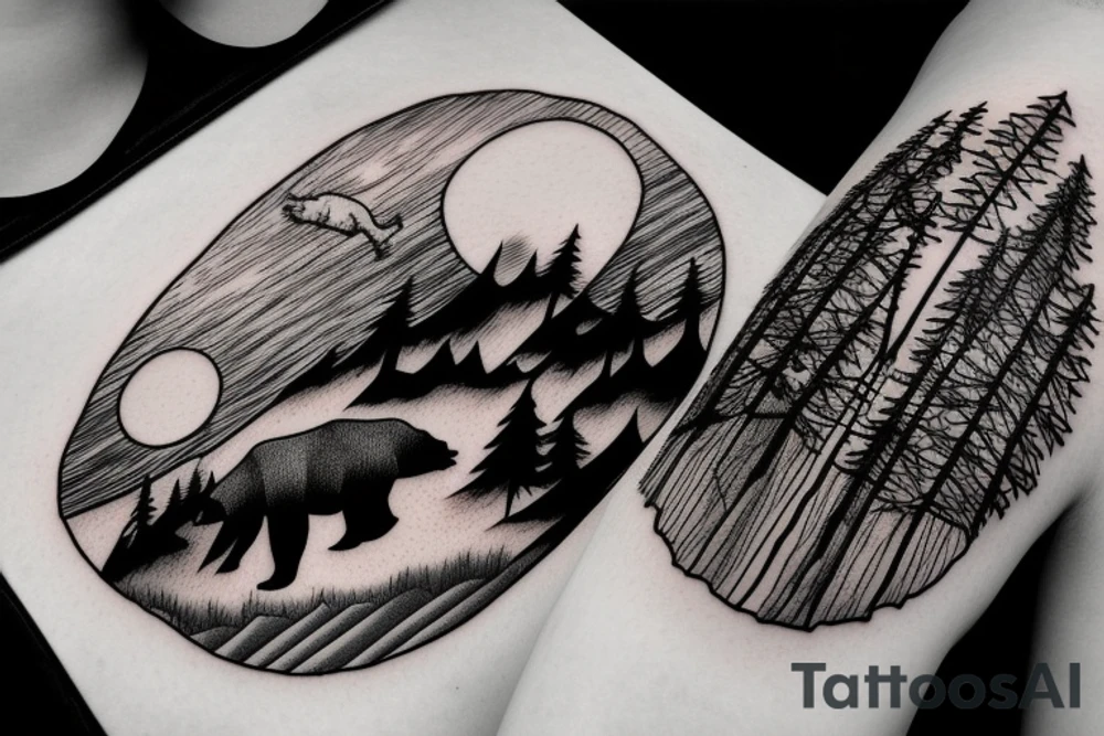 bear in a forest sunset behind the mountains tattoo idea